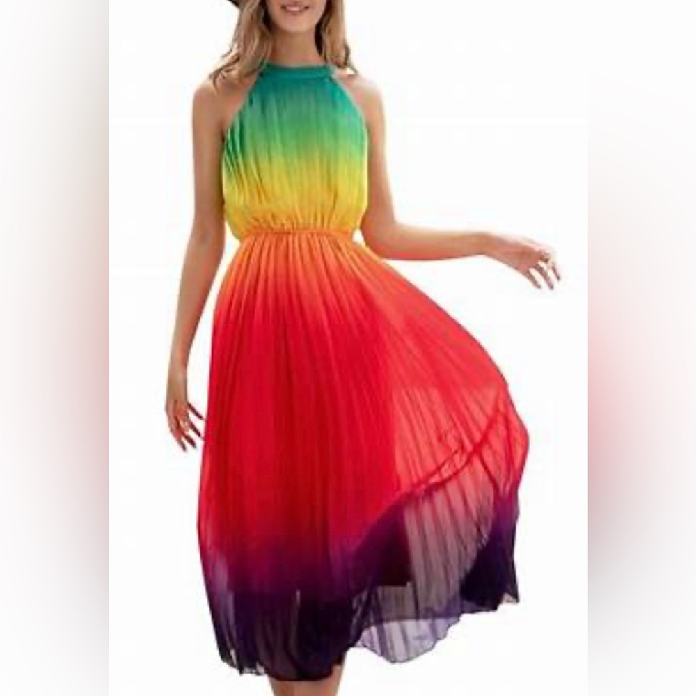 BRAND NEW Paintcolors HalterSleeveless Pleated Maxi Ombre Chiffon Flowy Sundress